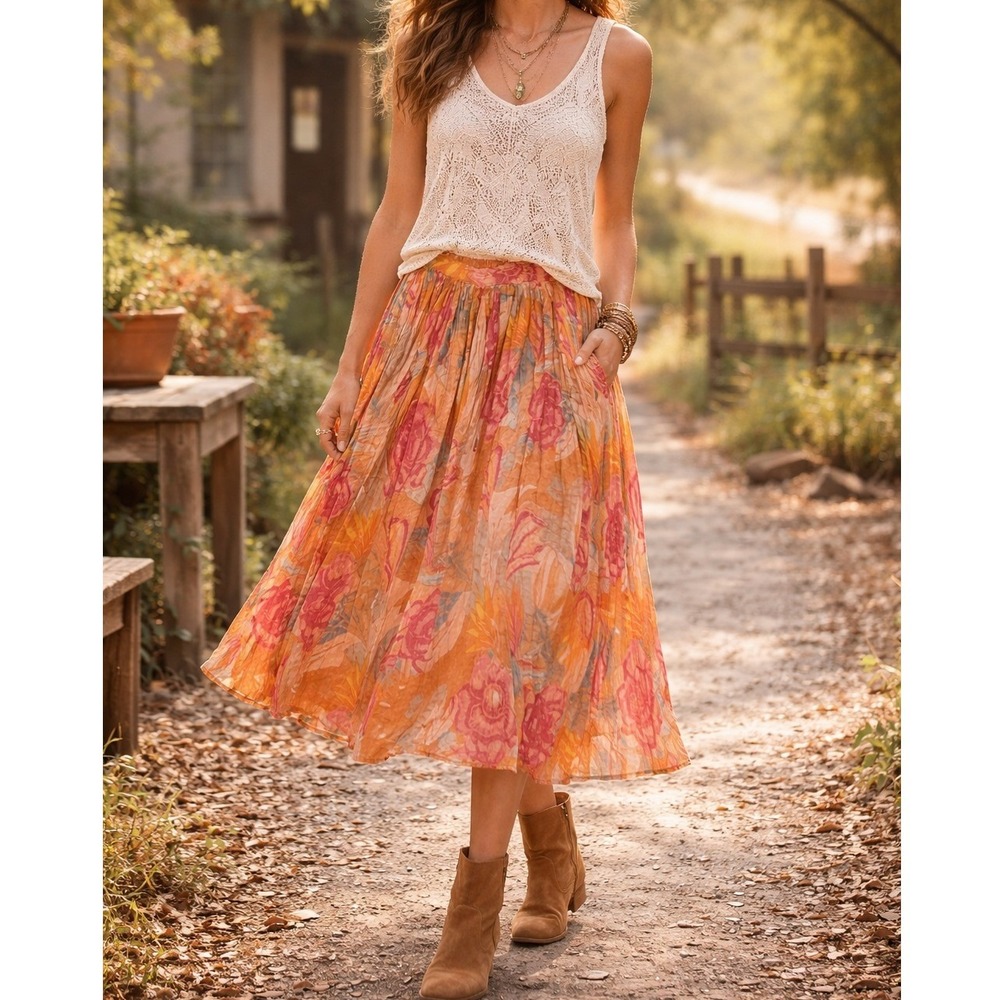 Vintage Boho Cottage Women's Orange Floral Cotton Midi Skirt Elastic Waist- M